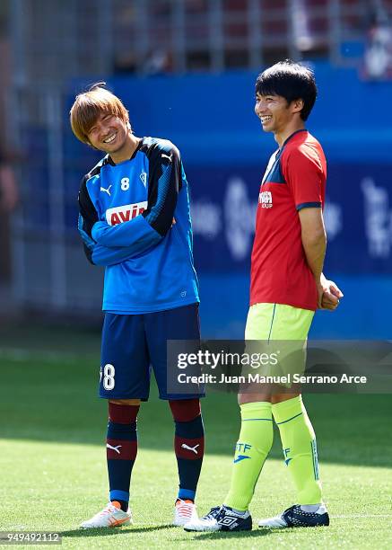 Gaku Shibasaki of Getafe CF and Takashi Inuiof of SD Eibar reacts prior to the start the La Liga match between SD Eibar and Getafe CF at Ipurua...