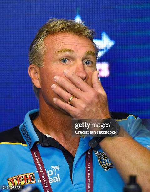 Titans coach Garth Brennan looks on at the post match media conference at the end of the round seven NRL match between the North Queensland Cowboys...