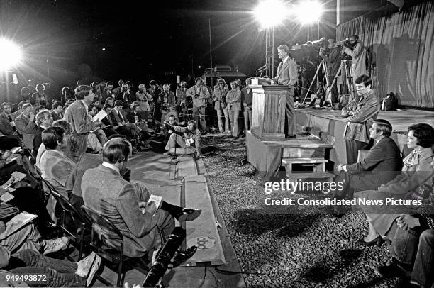 American politicians US President-Elect Jimmy Carter speaks during a press conference, Plains, Georgia, November 3, 1976. The press conference was...