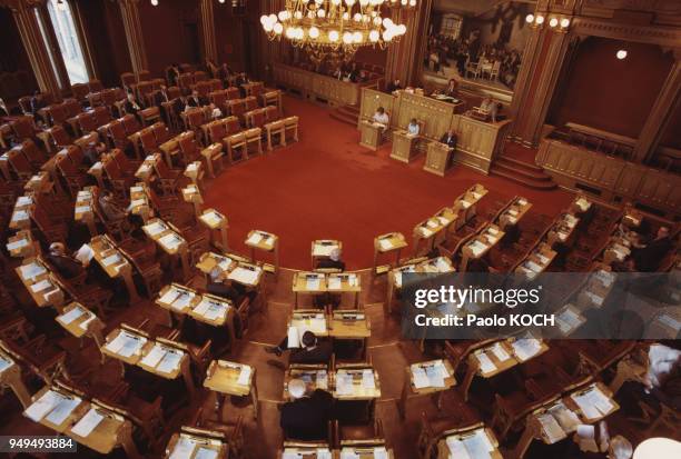 La salle de réunion du Storting, le parlement norvégien, à Oslo, Norvège.