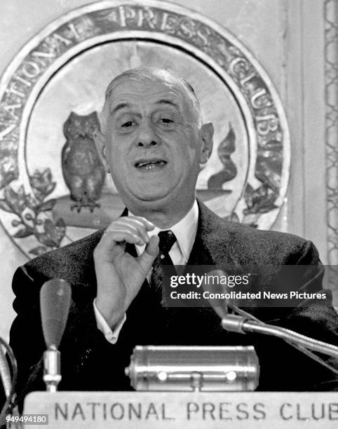 French President Charles de Gaulle speaks at the National Press Club, Washington DC, April 23, 1960.