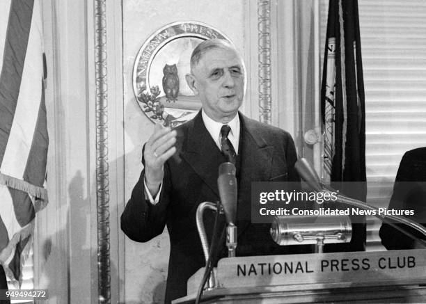 French President Charles de Gaulle speaks at the National Press Club, Washington DC, April 23, 1960.