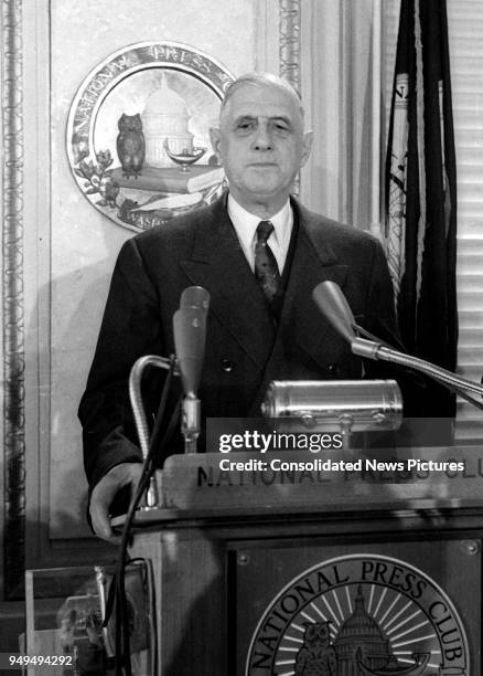 French President Charles de Gaulle speaks at the National Press Club, Washington DC, April 23, 1960.