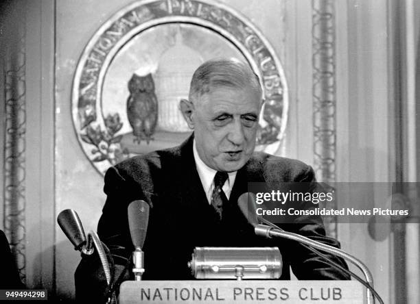 French President Charles de Gaulle speaks at the National Press Club, Washington DC, April 23, 1960.