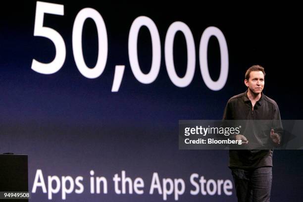 Scott Forstall, senior vice president in charge of iPhone software, talks about the number of applications available in the App Store for the Apple...