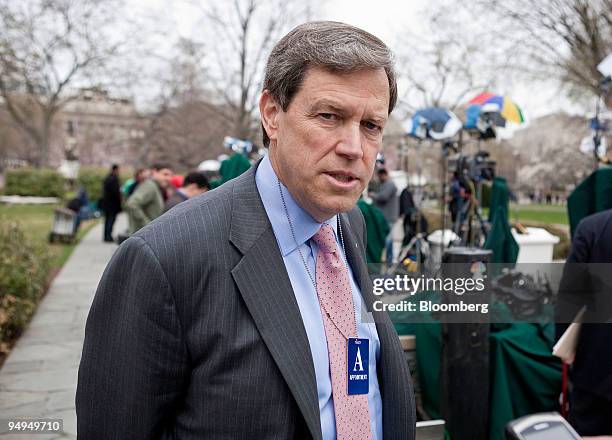 Camden Fine, president of the Independent Community Bankers of America, speaks to the media outside the White House following a meeting with U.S....