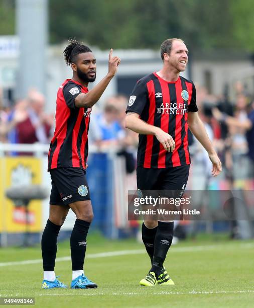 Tyrone Marsh of Macclesfield Town celebrates scoring the opening goal during the Vanarama National League match between Eastleigh and Macclesfield...