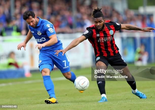 Sam Wood of Eastleigh is challenged by Tyrone Marsh of Macclesfield Town during the Vanarama National League match between Eastleigh and Macclesfield...