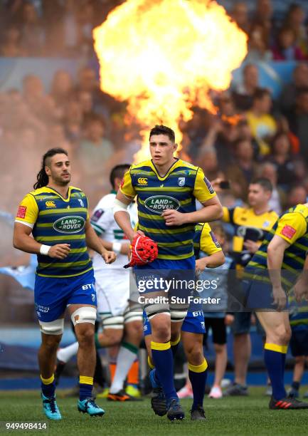 Blues players Josh Navidi and Seb Davies enter the field before the European Challenge Cup Semi-Final match between Cardiff Blues and Section Paloise...