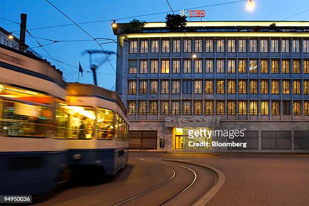 Tram passes the UBS AG headquarters on Paradeplatz in Zurich, Switzerland, on Friday, May 1, 2009. UBS AG, the European bank with the biggest...