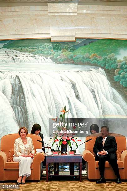 Nancy Pelosi, speaker of the U.S. House of Representatives, left, meets with Liu Yungeng, chairman of Shanghai's Municipal People's Congress, in...