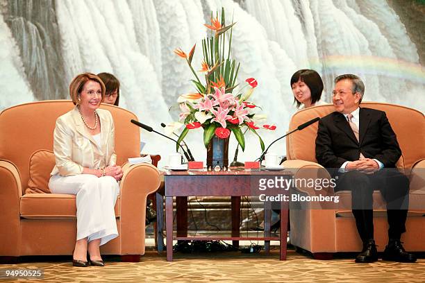 Nancy Pelosi, speaker of the U.S. House of Representatives, left, meets with Liu Yungeng, chairman of Shanghai's Municipal People's Congress, in...