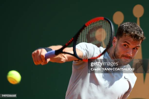 Bulgaria's Grigor Dimitrov hits a return to Spain's Rafael Nadal during their semi final match at the Monte-Carlo ATP Masters Series tournament on...