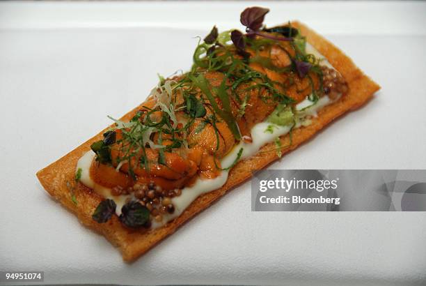 Sea urchin toast with cauliflower cream, sea lettuce and lime is shown at Aldea restaurant in New York, U.S., on Saturday, June 13, 2009. Aldea is...