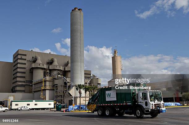 Waste Management truck drives outside the Wheelabrator North Broward waste-to-energy facility in Pompano Beach, Florida, U.S., on Friday, March 6,...