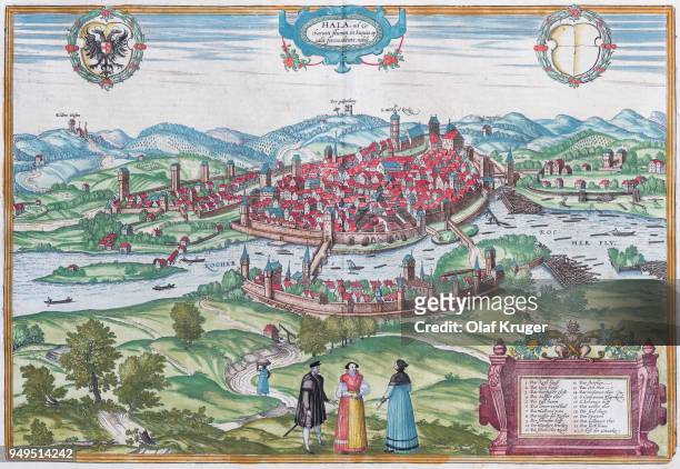 stockillustraties, clipart, cartoons en iconen met first printed view of the city of schwaebisch hall, baden-wuerttemberg, germany, hand-coloured copper engraving, from civitates orbis terrarum by georg braun and frans hogenberg, c. 1590 - braun