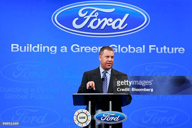Joe Hinrichs, Ford Motor Co. Group vice president for Global Manufacturing and Labor Affairs, speaks during a news conference at the Michigan...