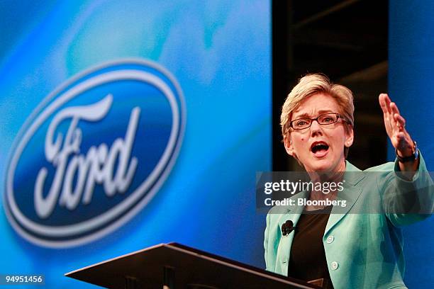 Jennifer Granholm, governor of Michigan, speaks during a Ford Motor Co. News conference in Wayne, Michigan, U.S., on Wednesday, May 6, 2009. Ford,...