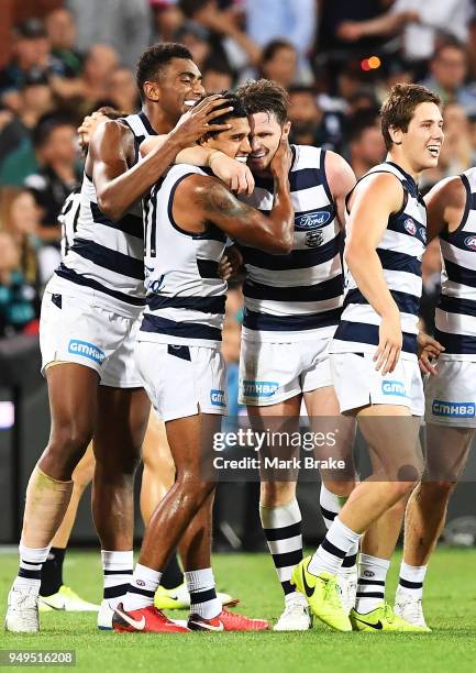 Tim Kelly of the Cats celebrates a goal during the round five AFL match between the Port Adelaide Power and the Geelong Cats at Adelaide Oval on...