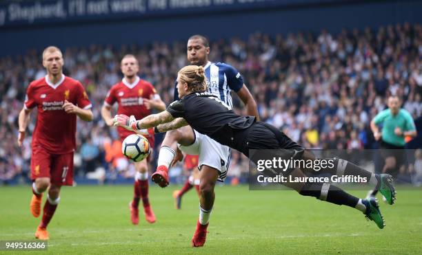 Loris Karius of Liverpool saves a shot from Jose Salomon Rondon of West Bromwich Albion during the Premier League match between West Bromwich Albion...