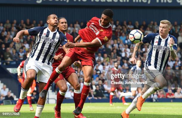 Joe Gomez of Liverpool with James McClean and Salomon Rondon of West Bromwich during the Premier League match between West Bromwich Albion and...