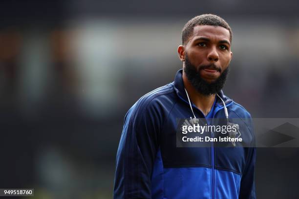 Jerome Sinclair of Watford looks on prior to the Premier League match between Watford and Crystal Palace at Vicarage Road on April 21, 2018 in...