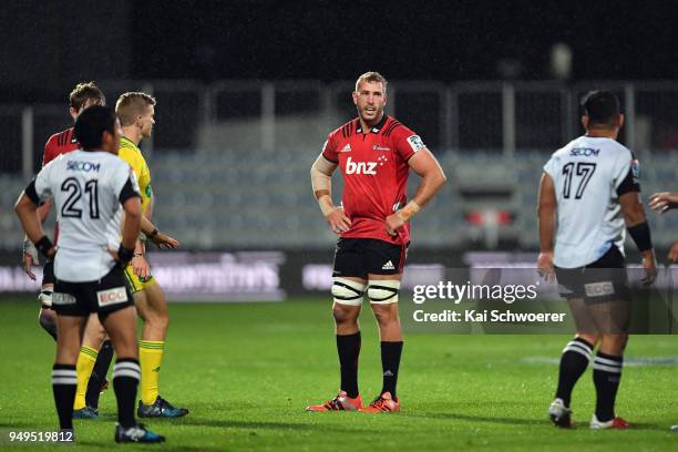 Luke Romano of the Crusaders reacts during the round 10 Super Rugby match between the Crusaders and the Sunwolves at AMI Stadium on April 21, 2018 in...