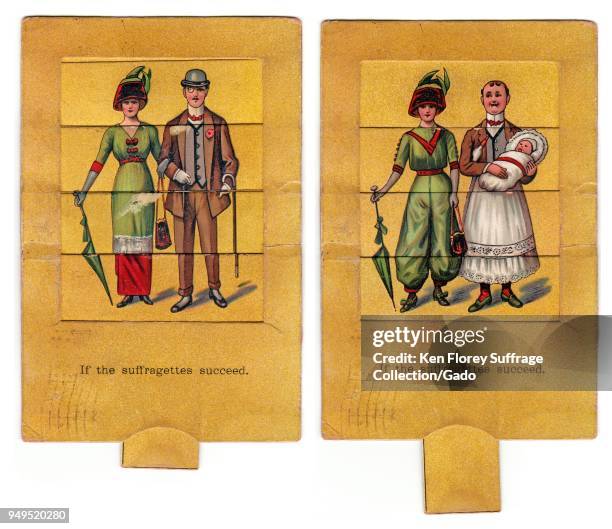 Metamorphic, color, anti-suffrage postcard, with a tab at the bottom of the card that can be pulled to change the image from a conventionally...