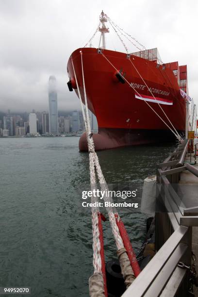The Monte Aconcagua container ship is moored at Ocean Terminal, usually reserved for passenger vessels, for a christening ceremony in Hong Kong,...