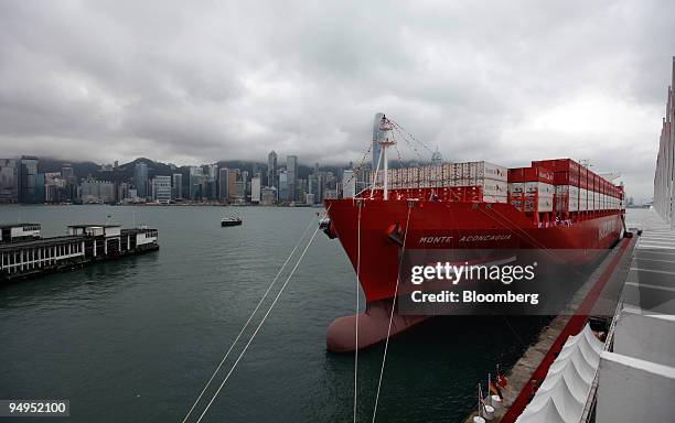 The Monte Aconcagua container ship is moored at Ocean Terminal, usually reserved for passenger vessels, for a christening ceremony in Hong Kong,...