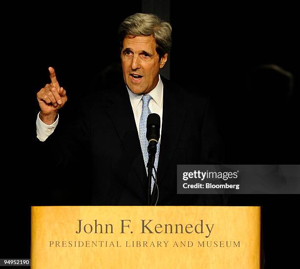 Senator John Kerry, chairman of the Senate Foreign Relations Committee, speaks during the Celebration of Life Memorial service for Senator Edward...