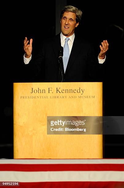 Senator John Kerry, chairman of the Senate Foreign Relations Committee, speaks during the Celebration of Life Memorial service for Senator Edward...