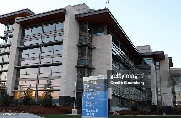 Nearly completed buildings stand in Microsoft Corp.'s new West Campus, which will be connected to the older part of the campus by a planned bridge,...