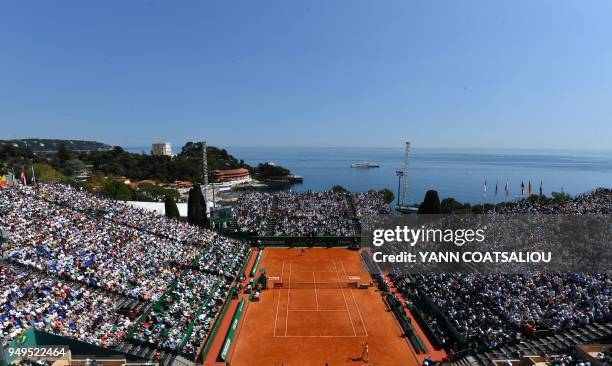 A general view of the match between Bulgaria's Grigor Dimitrov and Spain's Rafael Nadal during their semi final match at the Monte-Carlo ATP Masters...