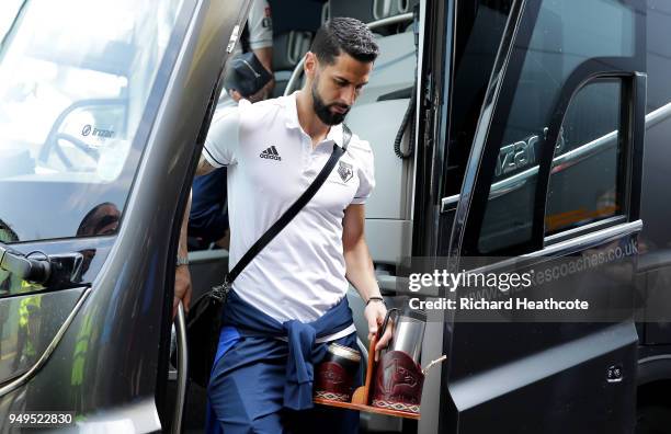 Miguel Britos of Watford arrives at the stadium prior to the Premier League match between Watford and Crystal Palace at Vicarage Road on April 21,...