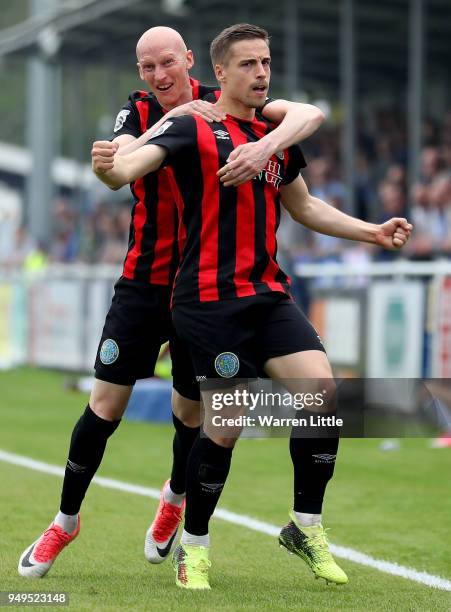 Mitch Hancox of Macclesfield Town celebrates scoring their second goal during the Vanarama National League match between Eastleigh and Macclesfield...