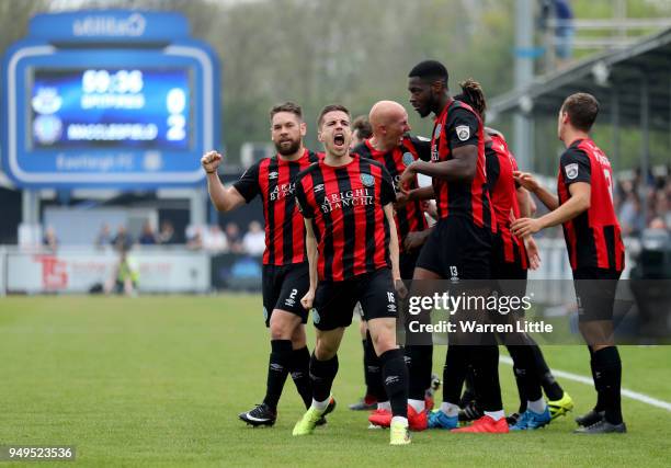 Mitch Hancox of Macclesfield Town celebrates with his team mates after scoring their second goal during the Vanarama National League match between...