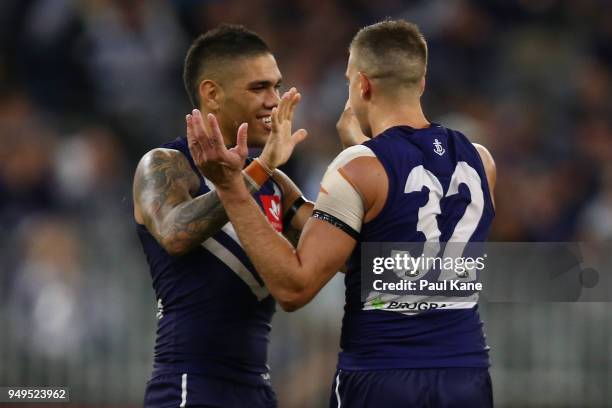 Michael Walters and Stephen Hill of the Dockers celebrate a goal during the round five AFL match between the Fremantle Dockers and the Western...