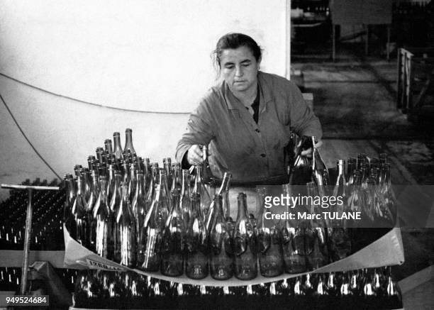 Une ouvrière occupée à la mise en bouteille du vin aux domaine des 'Fines Roches' à Châteauneuf-du-Pape, France.
