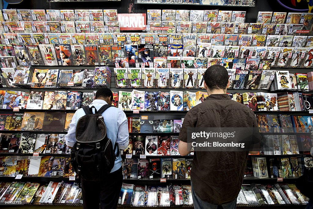 Marvel comic books sit on display at Midtown Comics in New Y