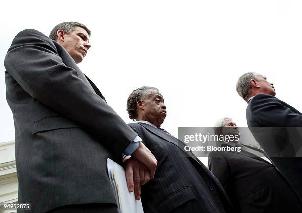 Michael Bloomberg, mayor of New York, right, addresses the media outside the White House following a meeting with Arne Duncan, U.S. Secretary of...