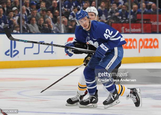 Tyler Bozak of the Toronto Maple Leafs skates against the Boston Bruins in Game Four of the Eastern Conference First Round in the 2018 Stanley Cup...
