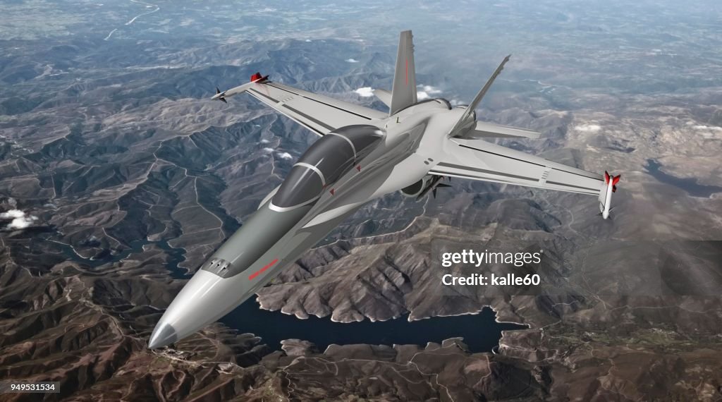 Military jet over mountainous landscape