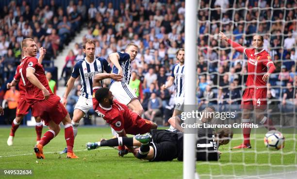 Jake Livermore of West Bromwich Albion scores his sides first goal during the Premier League match between West Bromwich Albion and Liverpool at The...