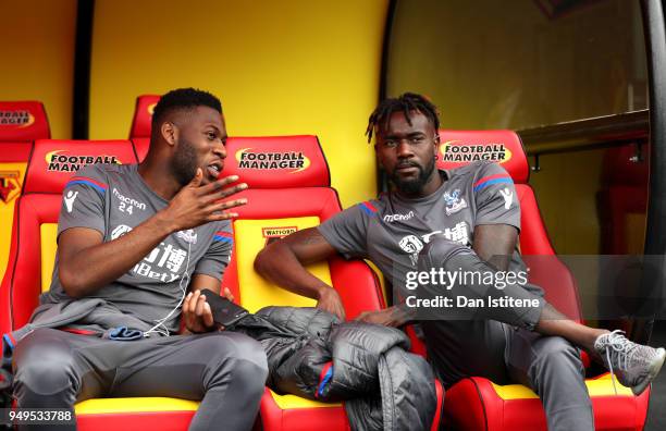 Timothy Fosu-Mensah of Crystal Palace talks to Pape Souare of Crystal Palace prior to the Premier League match between Watford and Crystal Palace at...