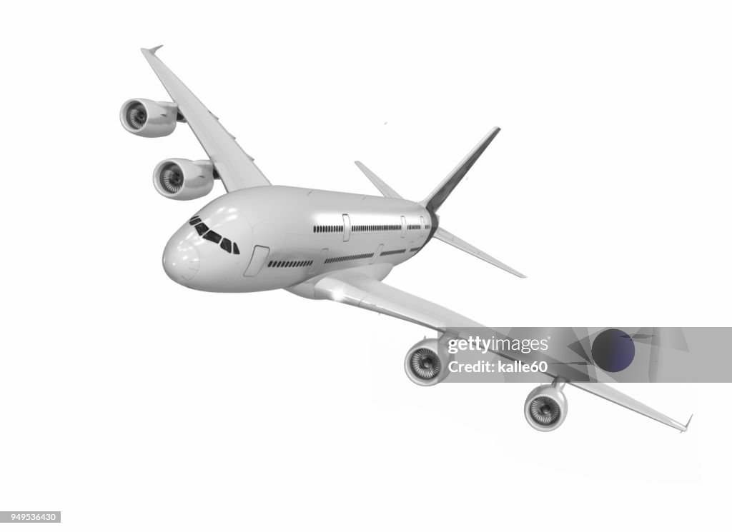 Portrait of wide-bodied jet in flight, white background