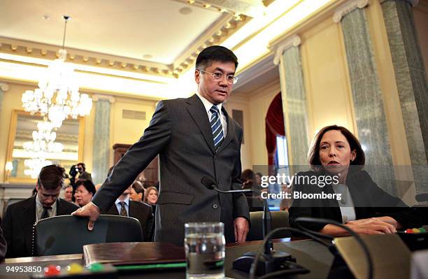 Gary Locke, nominee for U.S. Commerce secretary, arrives to testify before the Senate Commerce Committee on Capitol Hill in Washington, D.C., U.S.,...