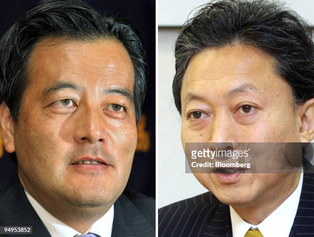 Combination photograph shows Katsuya Okada, then president of the Democratic Party of Japan , left, speaking during a news conference in Tokyo,...