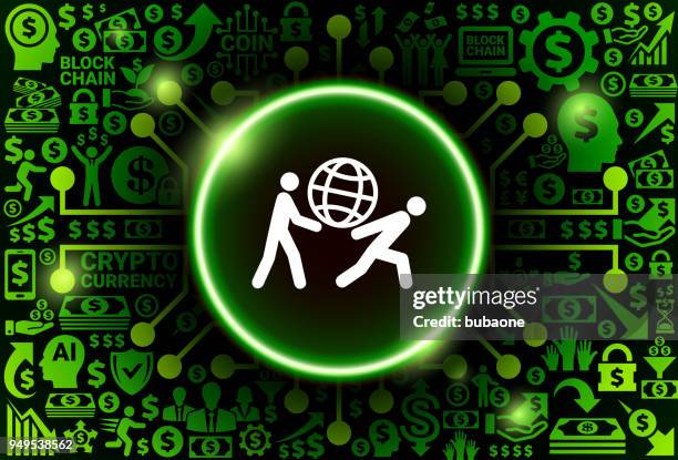 carrying globe icon on money and cryptocurrency background - holding computer chip stock illustrations