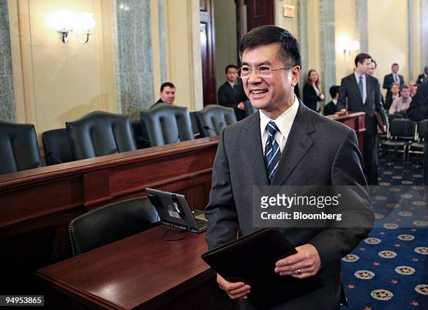 Gary Locke, nominee for U.S. Commerce secretary, arrives to testify before the Senate Commerce Committee on Capitol Hill in Washington, D.C., U.S.,...